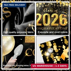Avezano Graduation Backdrop Black and Gold Congratulations Class of 2026 Banner