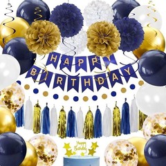 Navy Blue Gold Birthday Party Decorations Banner Balloons Pom Poms Garland Set