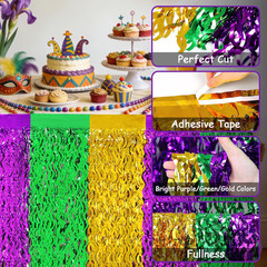 Mardi Gras Party Decorations, 2 Pack Purple Green Gold Wavy Metallic Tinsel Foil