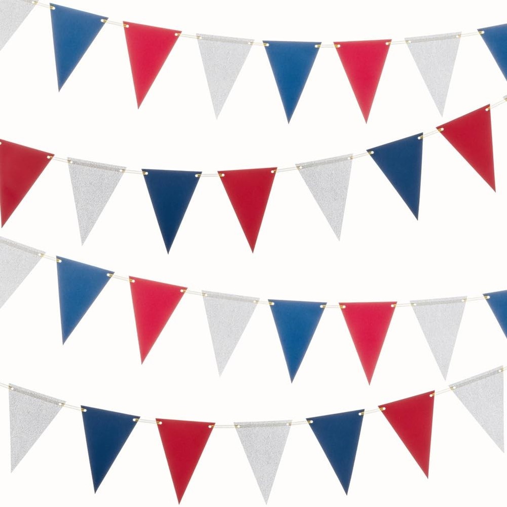 Silver Blue and Red Pennant Banner Paper Bunting Hanging Decoration for 4th J…