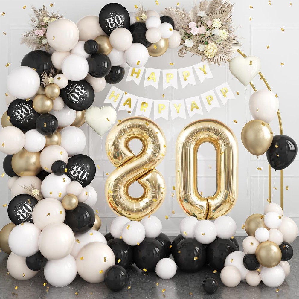 80th Birthday Decorations Black Gold Sand White,80th Balloon Arch Garland Kit…