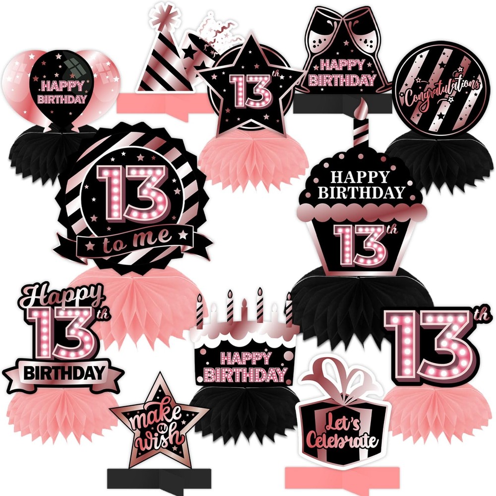 Happy 13th Birthday Rose Gold and Black Table Honeycomb Centerpieces Balloons…