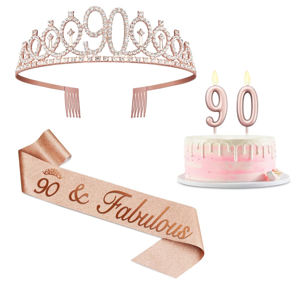 90th Birthday Decorations for Women with Rose Gold Sash,