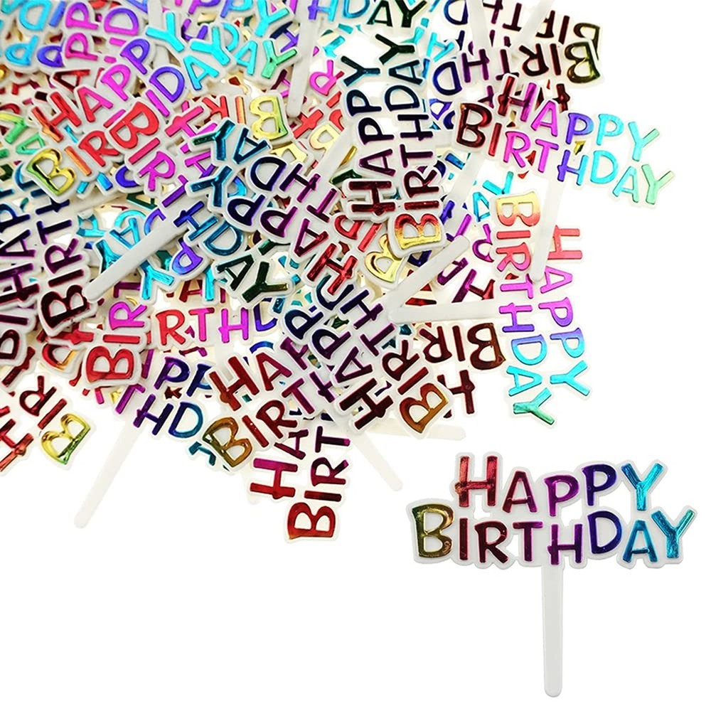 50 PCS Colourful Plastic Happy Birthday Cupcake Toppers Small Birthday Cake T…