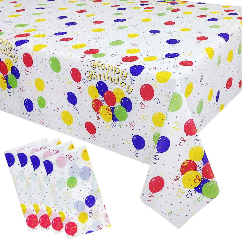 4 Pcs Birthday Tablecloth Disposable Plastic, Colorful Balloons Confetti Happy B