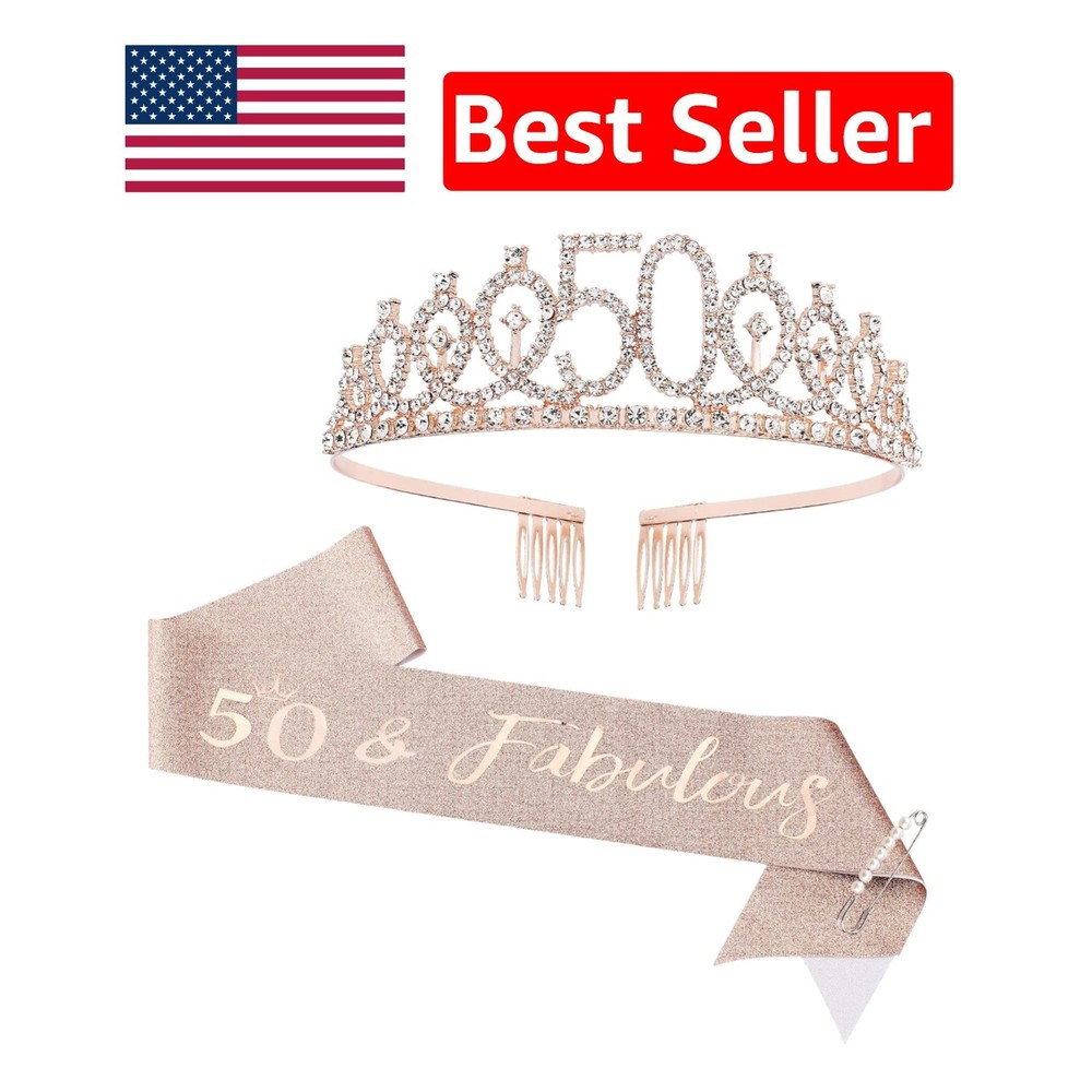 Rose Gold ’50 & Fabulous’ Birthday Crown + Sash Set – Tiara & Pearl Pin Included