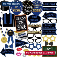 Class of 2026 Graduation Photo Booth Props Set – 35PCS Blue and Gold Graduation