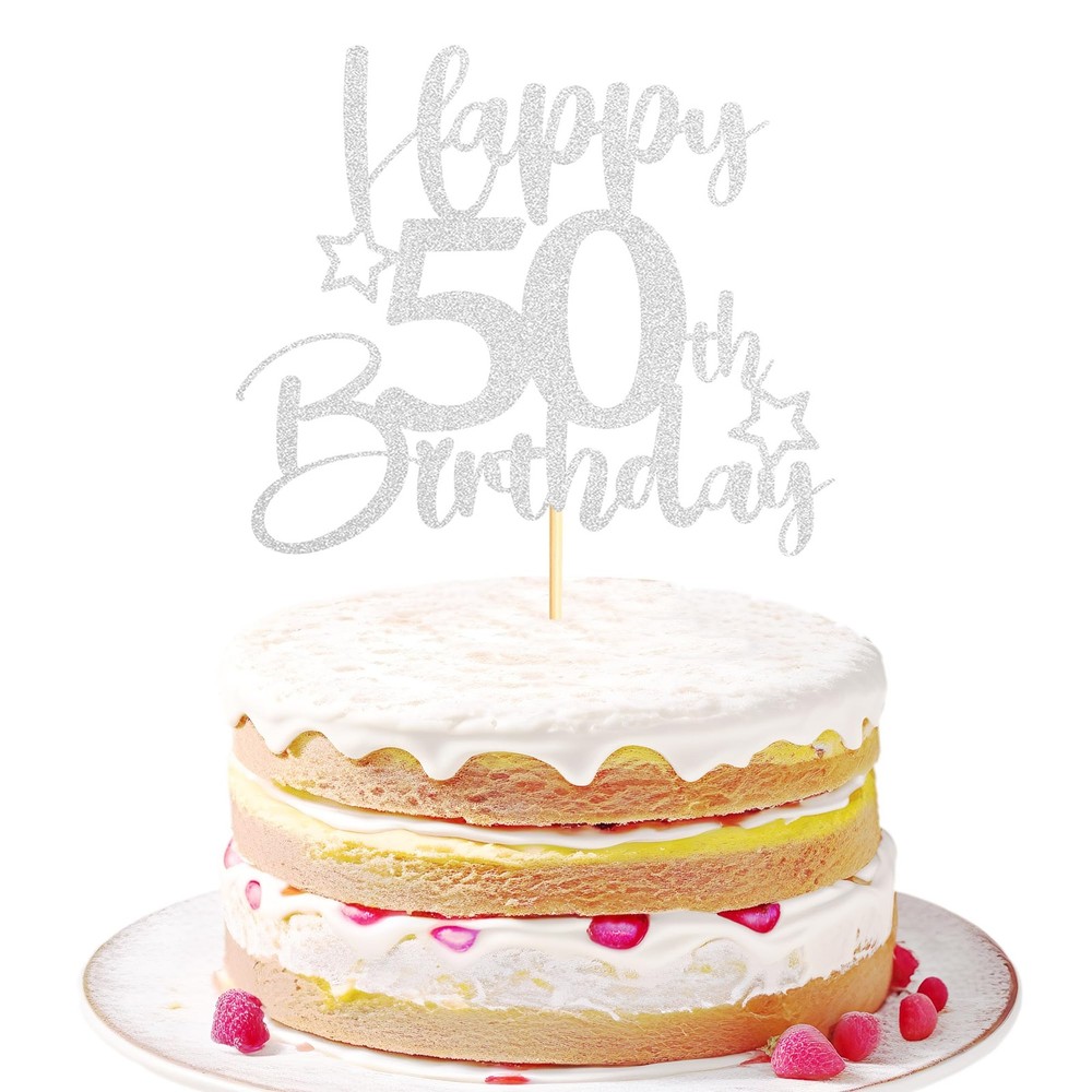 1 PC 50th Birthday Cake Topper DoubleSided Silver Glitter Star Decoration