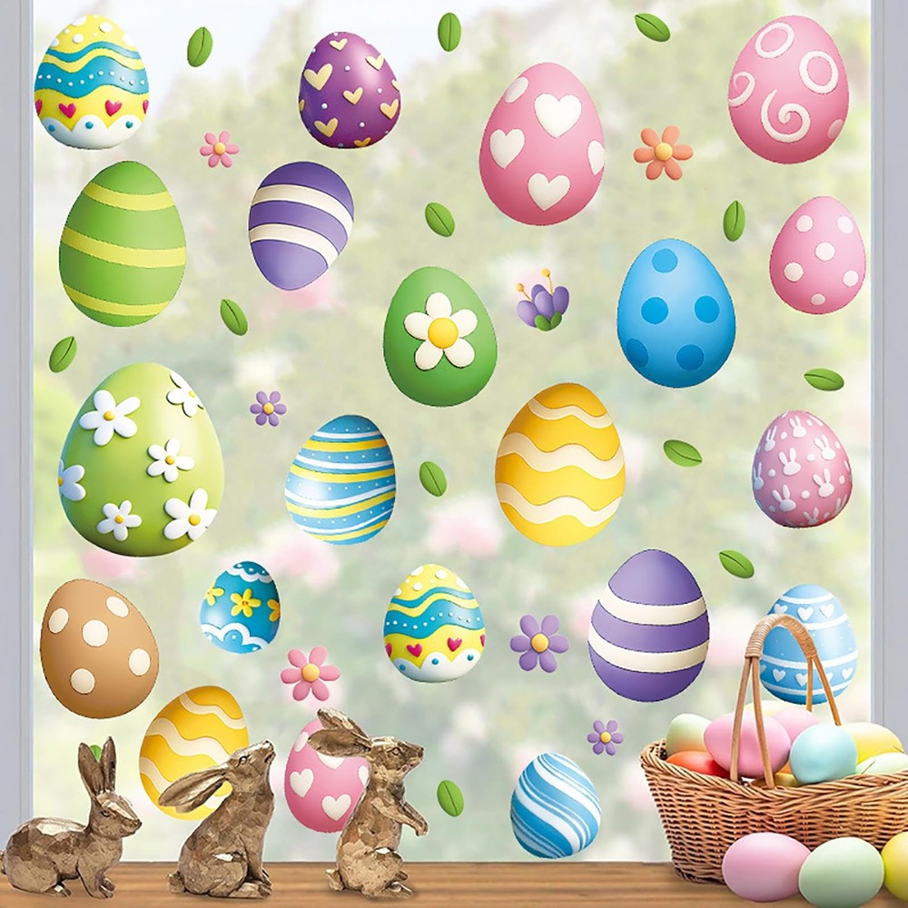 4 Sheets Double Sided Easter Window Clings, Large Eggs Multicolour