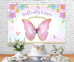 Butterfly Happy Birthday Backdrop, Butterfly Kisses and Birthday Wishes, 5 x 3ft