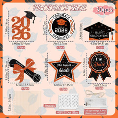 30Pcs Black Orange Granduation Decorations Class of 2026 Double Sided Graduation