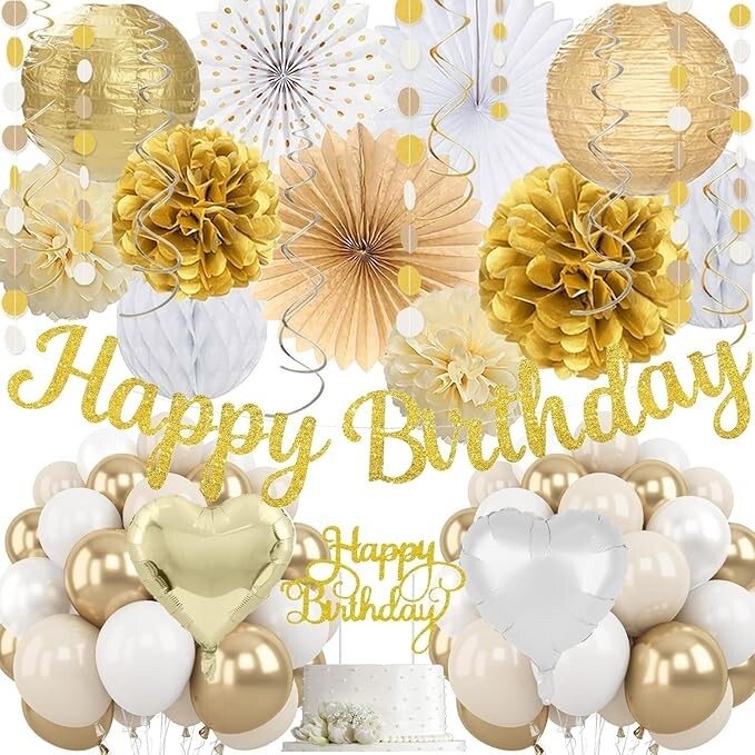 White Gold Birthday Decorations – FULL SET – 53+ PIECE