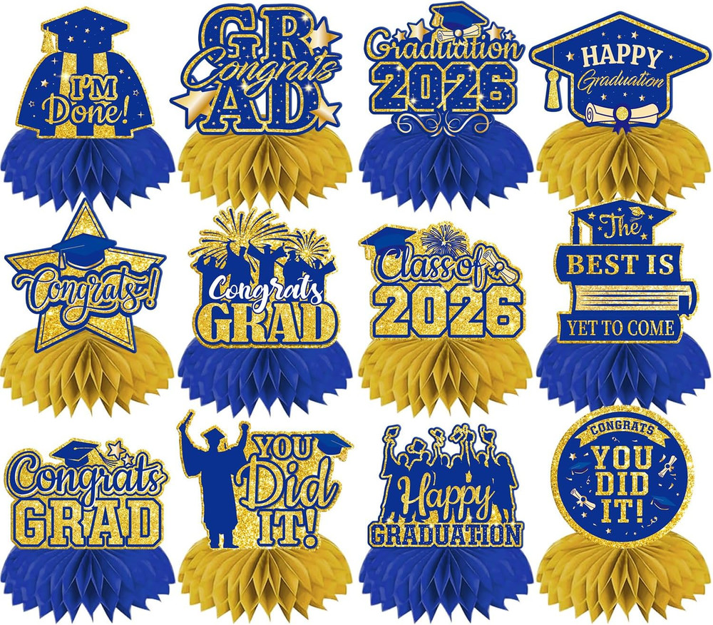 12Pcs Blue and Gold Graduation Decorations 2026 Honeycomb Centerpieces 2026 Grad