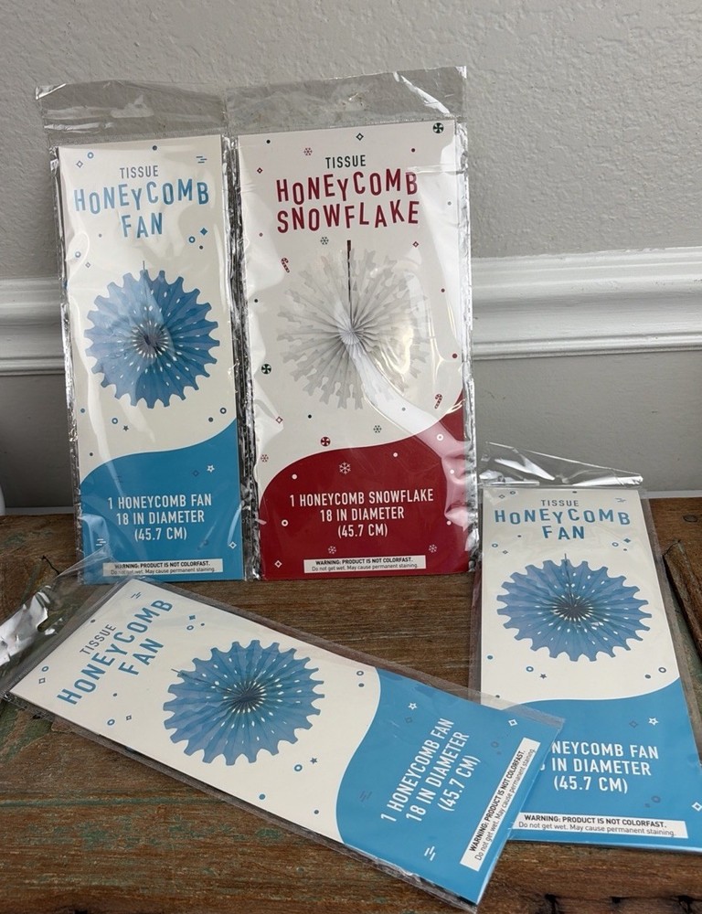 Lot 4 Honey Comb Tissue Fan Blue (3) Birthday Party Snowflake White (1) Wedding