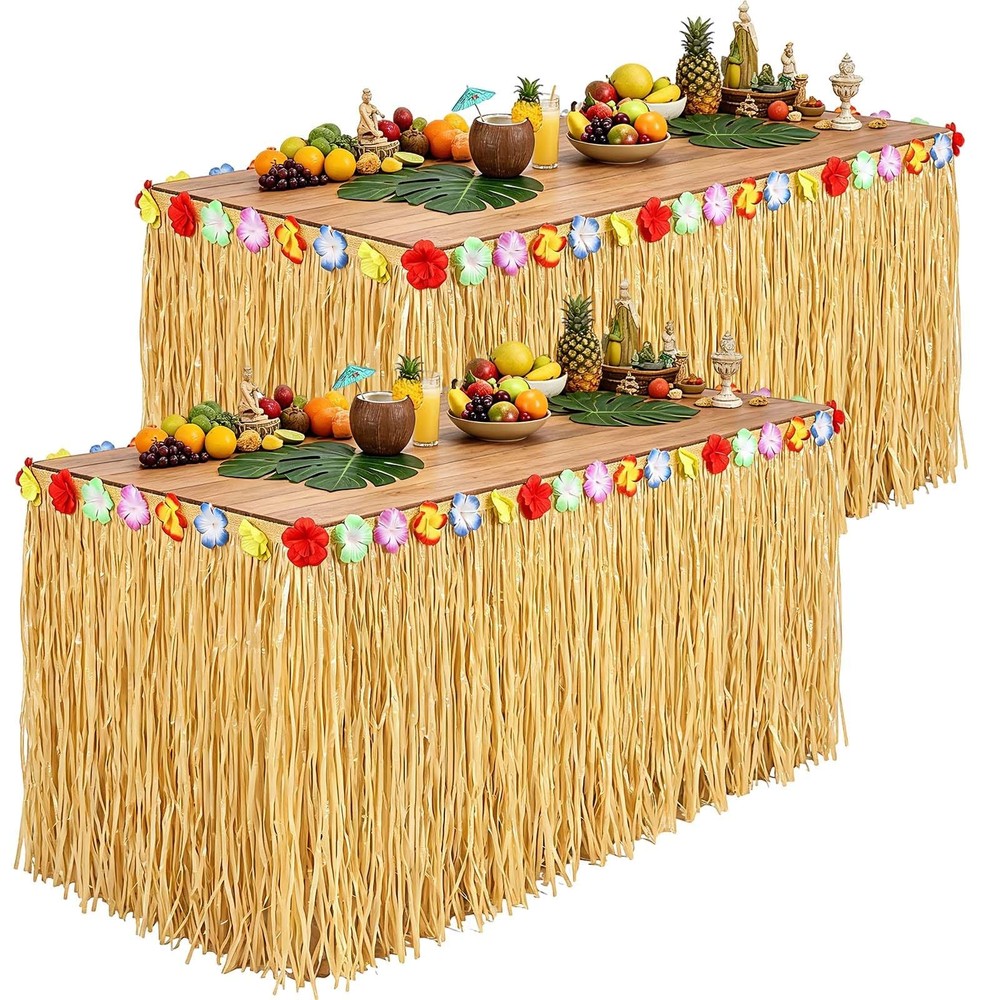 2 Pack Luau Grass Table Skirt, Luau Party Decorations, Natural 108″ X 29.5″ Hawa