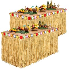 2 Pack Luau Grass Table Skirt, Luau Party Decorations, Natural 108″ X 29.5″ Hawa