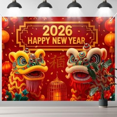 2026 Chinese New Backdrop 8x6ft Lion Dance Lantern Banner for Celebrations