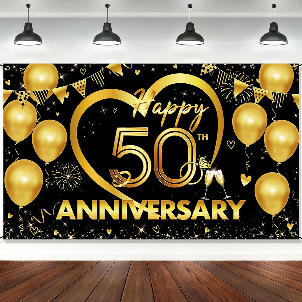 Happy 50Th Anniversary Backdrop, Black Gold Golden Anniversary Decorations, 50Th