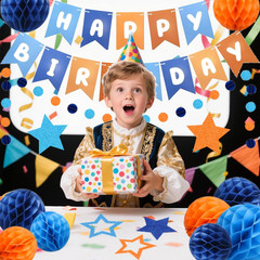 Pre-Strung Happy Birthday Decorations for Boys Men Women, Orange Blue Birthday B
