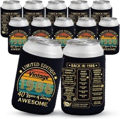 40th Birthday Party Essentials: 12 Can Cooler Sleeves, Black & Gold