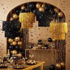 Rossesay 4 Pcs 2 Tier Gold Black Fringe Tinsel Chandelier Iridescent Foil Party