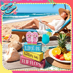 4 Pcs Summer Decorations for Home Flip Flops Table Decorations Wooden Sign Beach