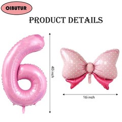 40 inch Number 6 Balloon with Bow Pink Happy Birthday Jumbo Number Balloon fo…
