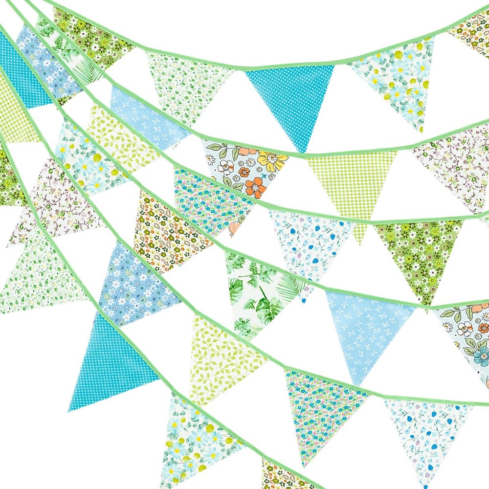 39Ft Triangle Bunting Banner, Green Blue Cotton Pennant Banner, 42pcs Reusabl…