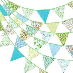 39Ft Triangle Bunting Banner, Green Blue Cotton Pennant Banner, 42pcs Reusabl…