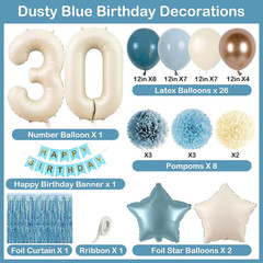 Dusty Blue 30th Birthday Party Decorations for Her Him Beige Cream Number 30 Bal