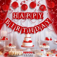 Birthday Decorations Kit – 16-Piece Set with Pre-Strung Happy Birthday Red