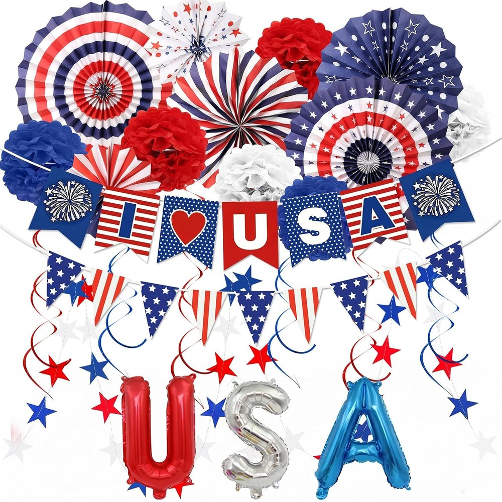 Patriotic Decorations Set, Red White Blue Paper Fans for Memorial Day Party
