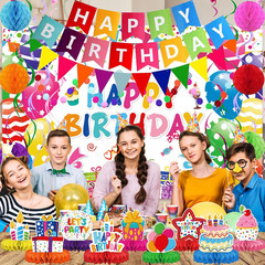 Birthday Decorations Kit, Happy Birthday Party Banner, Honeycomb Balls, Metallic