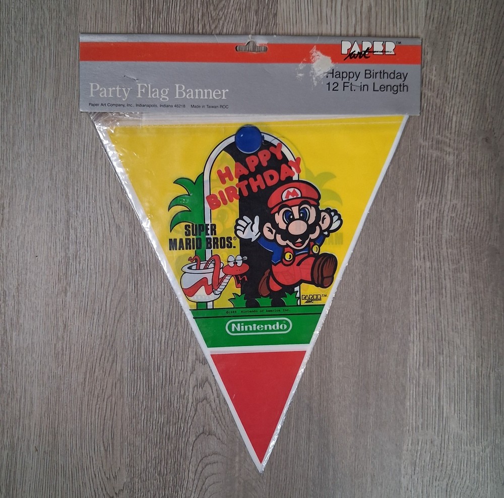 Vintage Super Mario Bros Happy Birthday Party Flag Banner Decoration 1989
