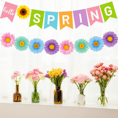 Hello Spring Banner Colorful Flower Hanging Swirls Sun Flowers Daisy Pattern Han