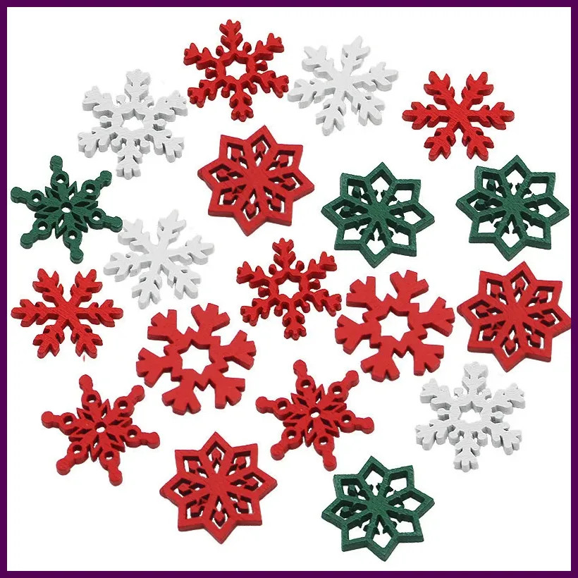 (50 Pieces/pack) 23mm Christmas Snowflake Wood Chips Colorful Diverse New Year’s