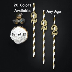 2nd Birthday Straws (SET OF 12) Glitter Birthday Decorations Favors (Any Age)