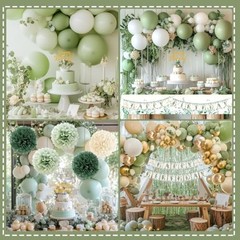 Birthday Decorations Set Party Decoration with Balloons, Banner, Pom Sage Green