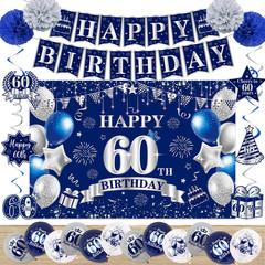 60Th Birthday Decorations for Men Women, Blue Silver Happy 60Th Birthday Banner