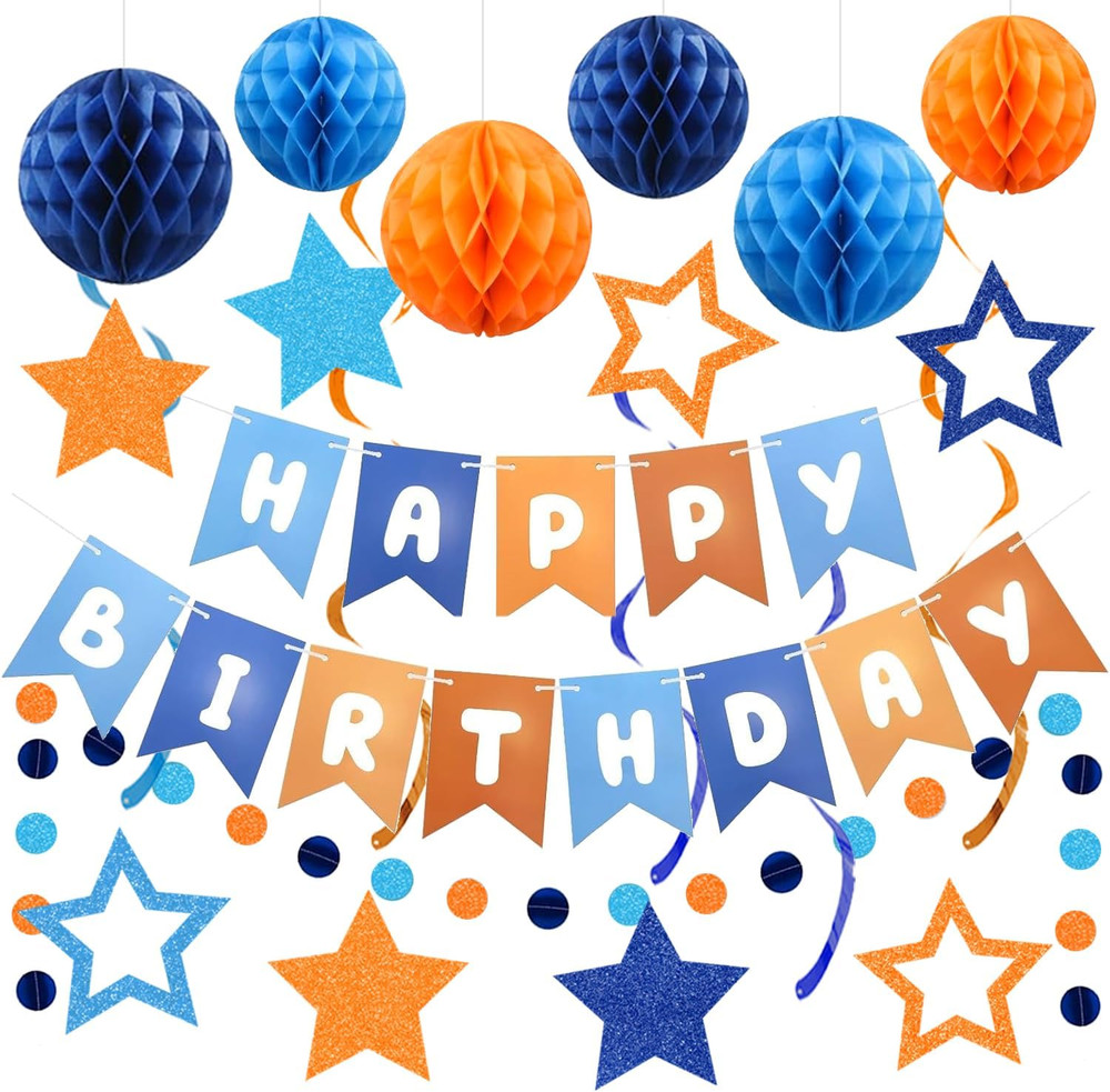 Pre-Strung Happy Birthday Decorations for Boys Men Women, Orange Blue Birthday B