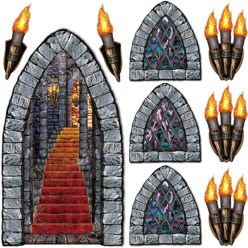 Stairway Window Torch Castle Halloween Party Wall Decoration Insta-Theme Props