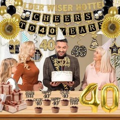 40th Birthday Party Decorations Set – 16PCS Vintage Banner, Backdrop, Swirls & P