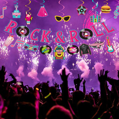 50’S Party Decorations Include Rock and Roll Banner, 50S Theme Hanging Swirls an