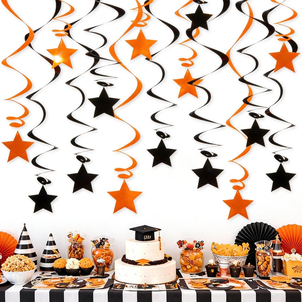 Orange Black Hanging Swirl Decorations – 32 Pcs Metallic Ceiling Swirls with …