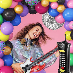80s 90s Theme Party Decorations, 90Pcs Balloon Garland Kit 6PCS Disco Ball Radio