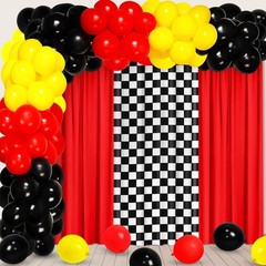 Race Party Decorations 2 Red Curtains 1 Black & White Grid 50 Balloons – Car