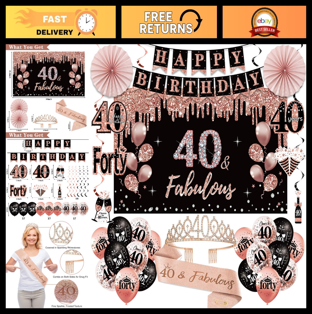 40th Birthday Party Supplies Kit – 33pcs Black & Rose Gold Decorations, Banner,