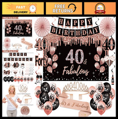 40th Birthday Party Supplies Kit – 33pcs Black & Rose Gold Decorations, Banner,