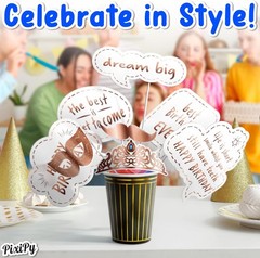 Premium Birthday Photo Booth Props Kit, 27 Pack of 27, White & Rose Gold