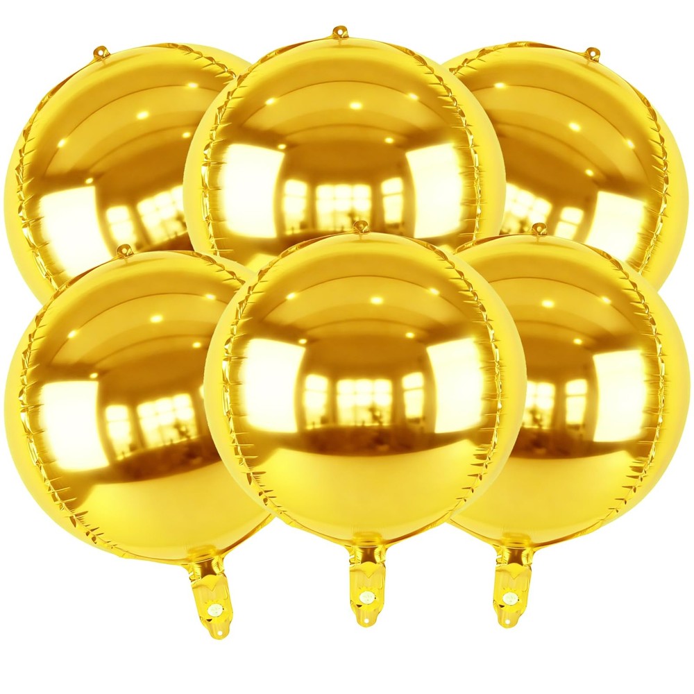 Metallic Gold Round Foil Balloons, 22″ Large 4D Sphere Mylar Balloons 6PCS, f…